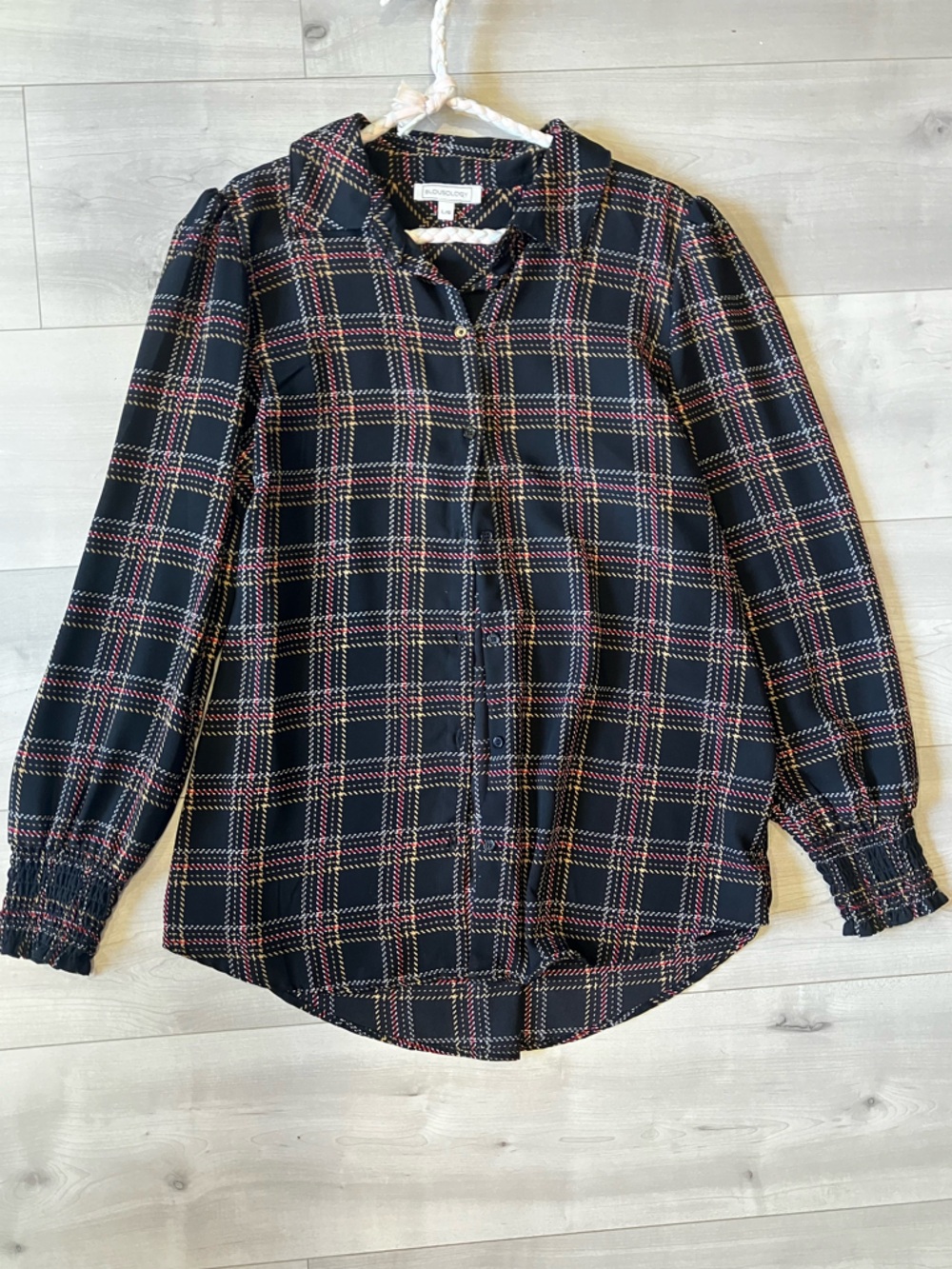 Blousology Black Plaid Button-Down Shirt with Pink & Cream Accents in size large